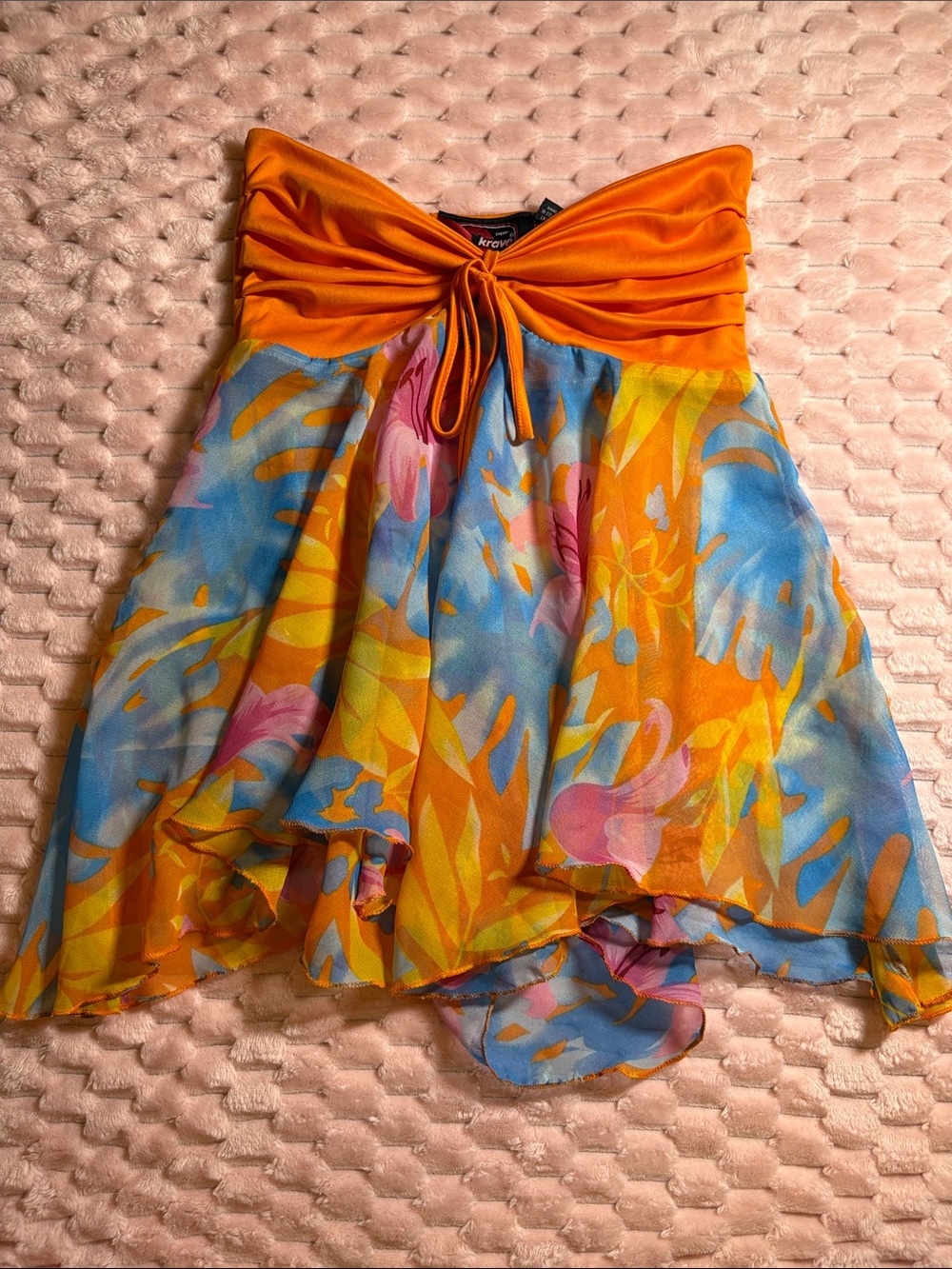 Y2K Krave Orange & Blue Tropical Floral Tie Strapless Top
